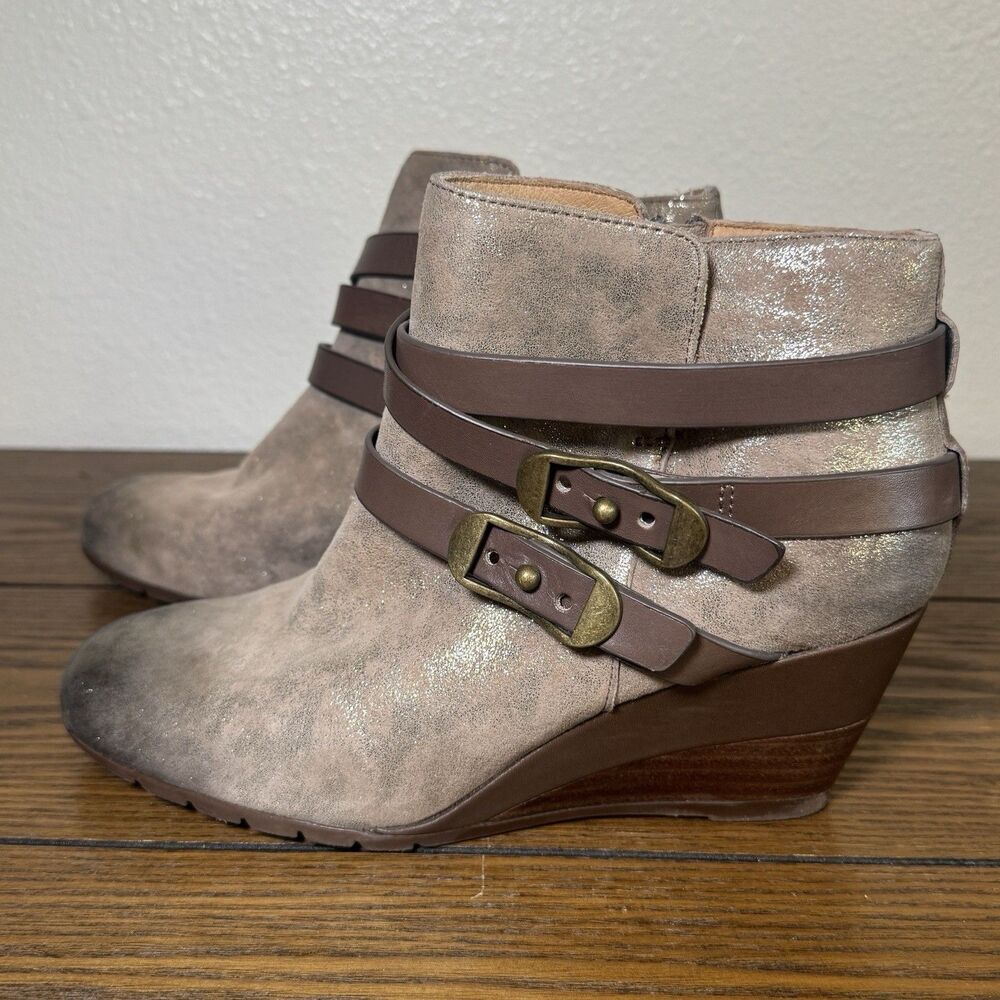 Söfft Leather Metallic Distressed Taupe Wedge Ankle Boots Women's Size 7.5 M